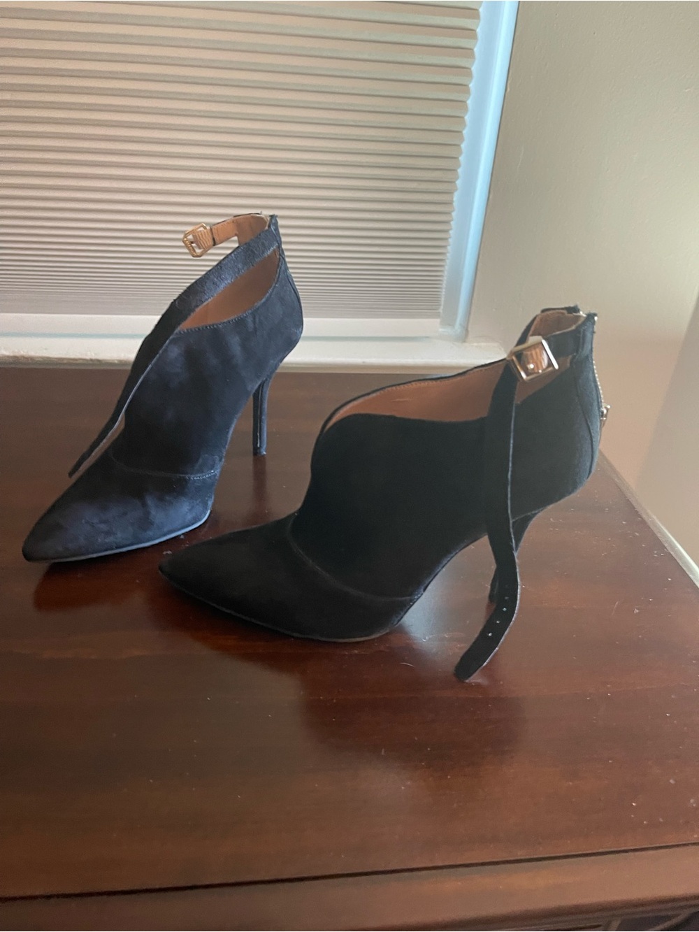 Black Pointed Toe Suede Ankle Strap Bootie Heels